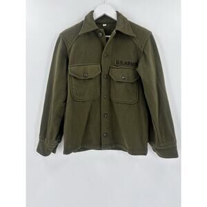Vintage 1950s Army Flannel Shirt Mens Small Green Wool Long Sleeve Button Down
